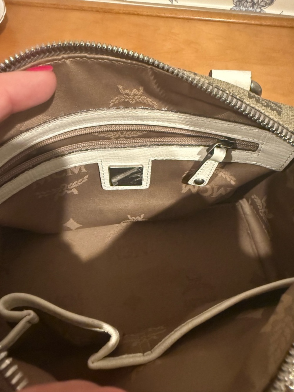 MCM Beige Monogram Mini Satchel with White Trim - Picture 6 of 10